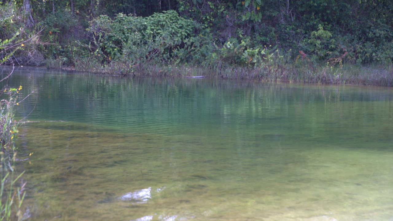 Águas do Lago das Esmeraldas, na Serra do Tepequém, em uma paisagem transformada pela antiga exploração de diamantes.